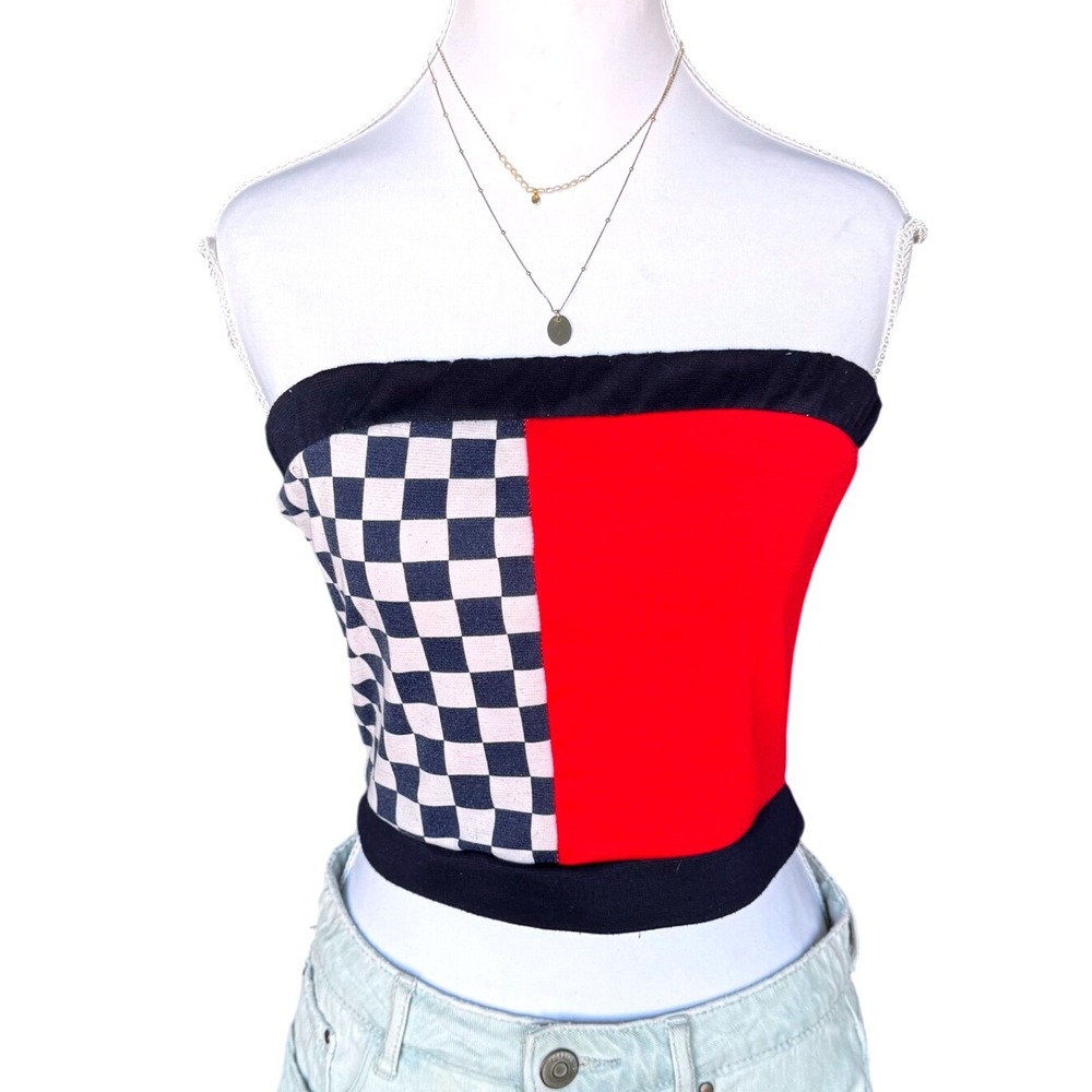 Y2K Checkered Racing Bandeau Tube Top Colorblock Crop Shirt